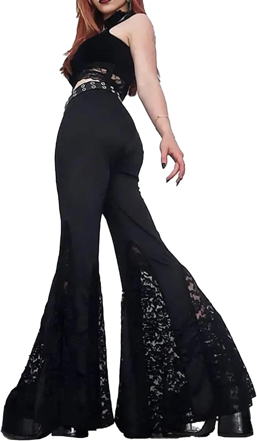 xxxiticat Women's Lace Flared Legging Pants Gothic High Waist Hollow Out See Through Patchwork Mesh Bell-Bottom Trousers