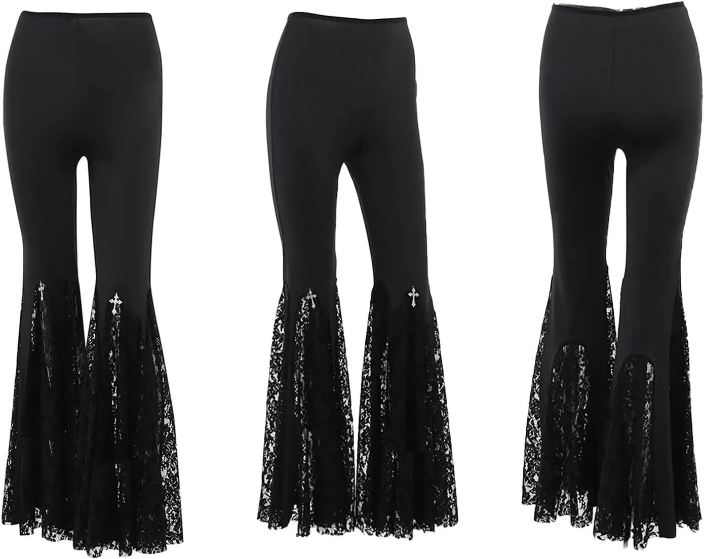 xxxiticat Women's Lace Flared Legging Pants Gothic High Waist Hollow Out See Through Patchwork Mesh Bell-Bottom Trousers