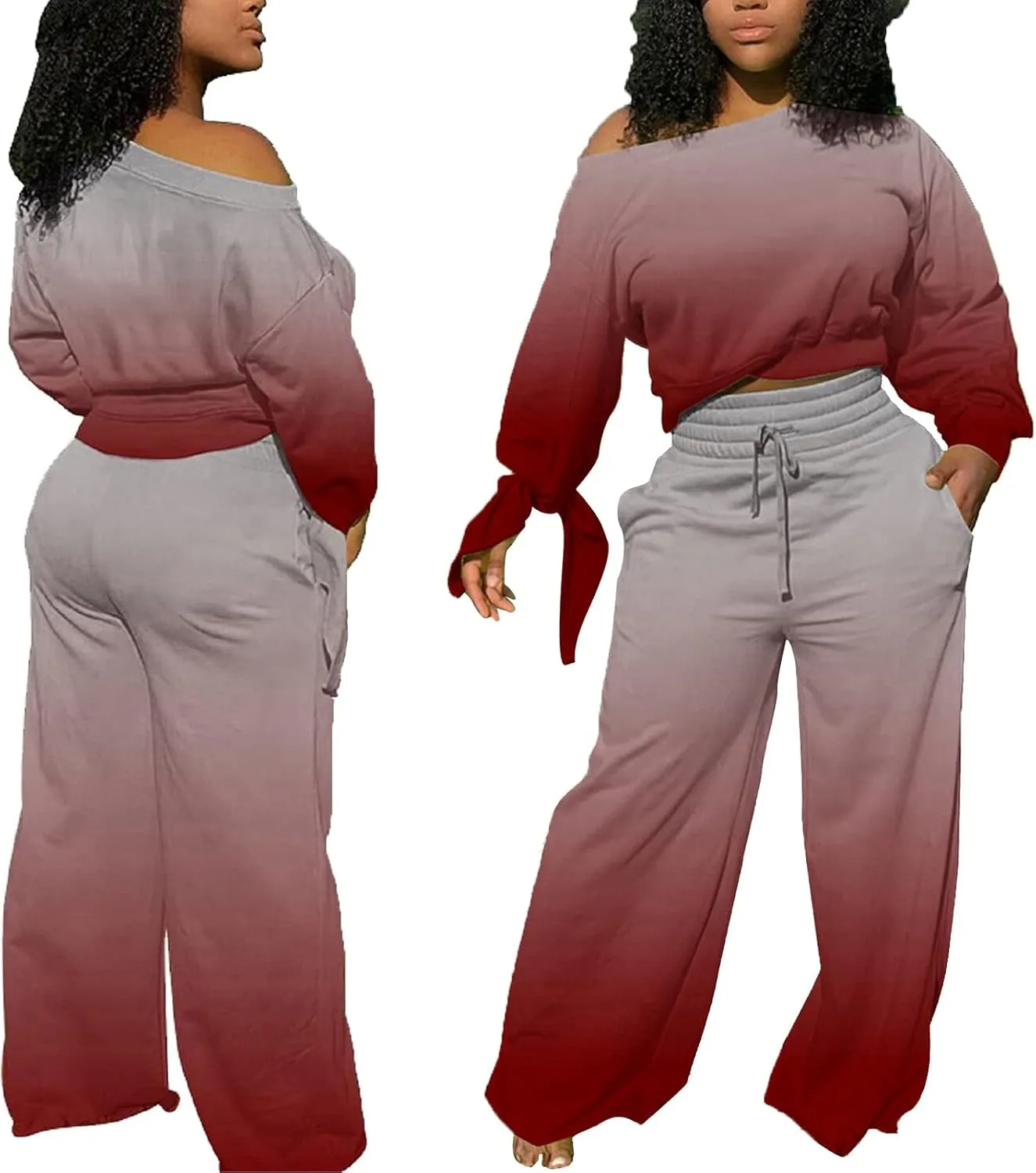 Yiershu Women's 2 Piece Outfits Casual Sweatsuits Long Sleeve Loose Matching Wide Leg Tracksuit Pants Sets with Pockets