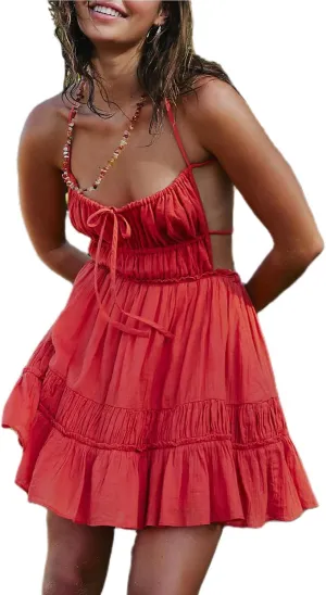 Yuemengxuan Women Backless Mini Dress 2025 Summer Dresses Y2K Spaghetti Strap Dress Flowy Sexy Beach Sundresses